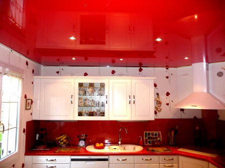 Кухня с красным глянцевым потолком