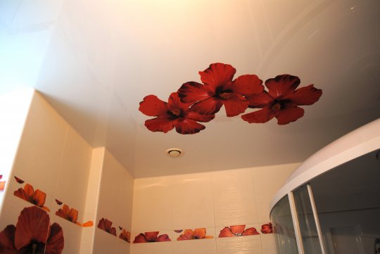 Ванная с фотопечатью цветов на потолке