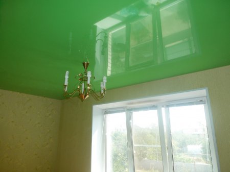 Зеленый натяжной потолок для гостиной