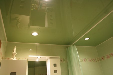 Зеленый натяжной потолок для ванной